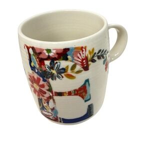 Anthropologie Monogram Letter E Floral Coffee Mug White Ceramic Boho Initial 4in